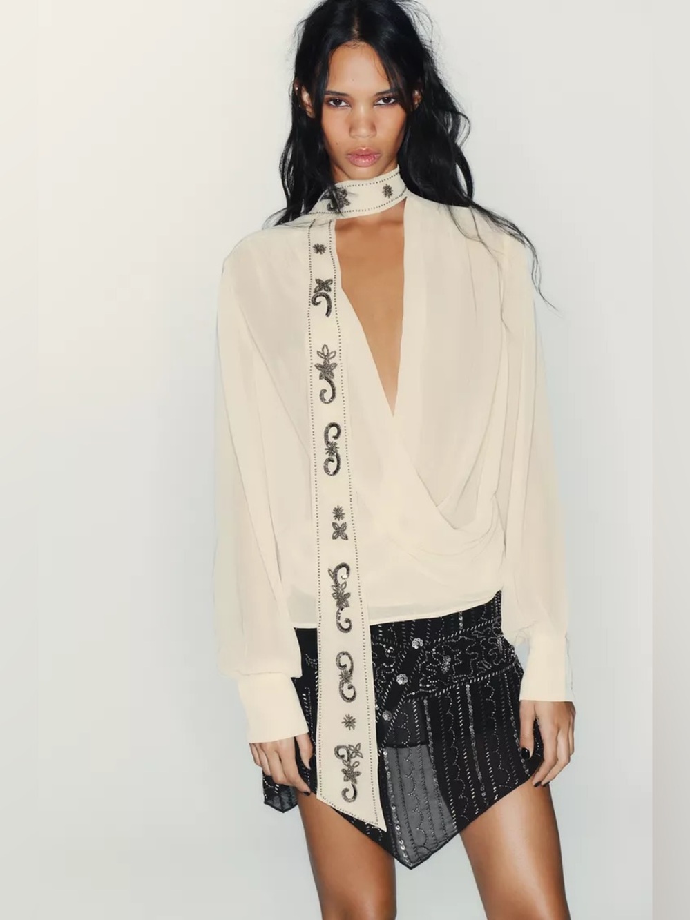 NWT Zara Woman Bloggers Fav BEADED GEORGETTE SCARF SHIRT Size M Medium